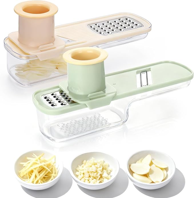 Palksky Garlic Mandolines Slicer Super Thin, 3 in 1 Multifunctional Garlics Grinder with Shredder Grinder Slicer, Portable Garlic Chopper, Kitchen Gadgets - 2PCS