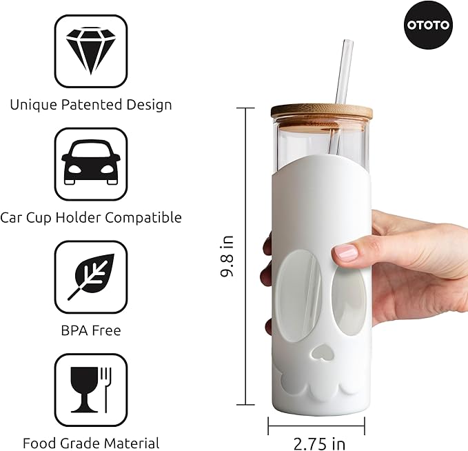 OTOTO NEW Bonesy Glass Tumbler with Straw and Lid - 16.90oz Cute Water Bottle Tumblers, Goth Accessories, Spooky Gifts, Halloween, Skull Glass Cup with Lid and Straw, Goth Gifts (White)