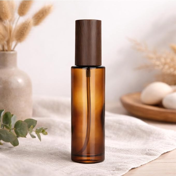 4Packs 60ml/2Oz Amber Glass Spray Bottle Refillable Fine Mist Sprayer with Wood Grain Cap Reusable Empty Container for Perfume, Essential Oils, Room Spray