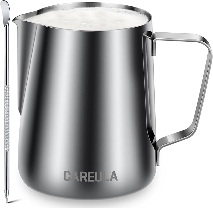 Milk Frothing Pitcher, 12oz Stainless Steel Milk Frother Cup Steaming Pitcher, Coffee Bar Cappuccino Espresso Machine Accessories Barista Tools, Metal Pitcher Milk Jug with Decorating Latte Art Pen