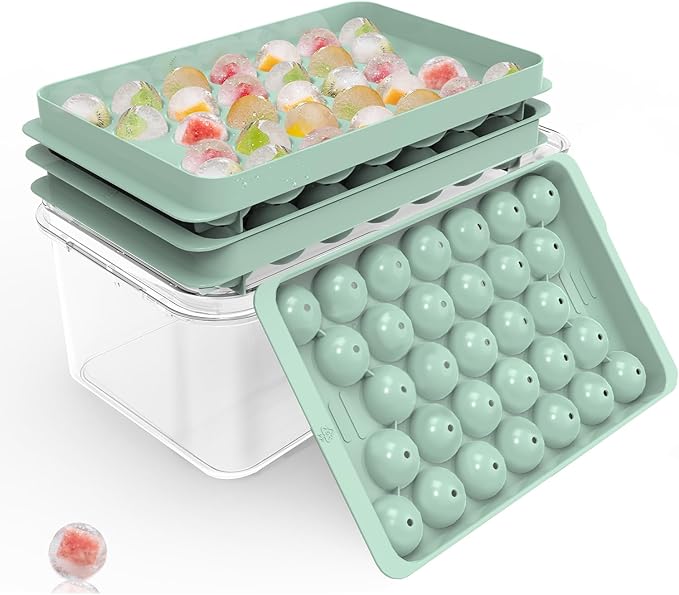 Round Ice Cube Trays with Lid and Bin (2-Pack) - Ice Trays for Freezer,BPA-Free Stackable Ice Ball Maker Mold for Freezer, Makes 62 Ice Balls for Cocktails, Whiskey, Coffee & Parties