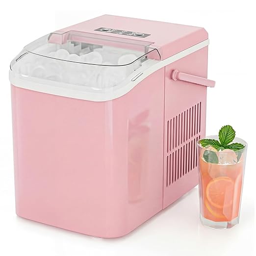 Ice Makers Countertop, Portable Ice Machine with Handle, 6 Mins 9 Bullet Ice Cubes with Basket and Scoop, 26lbs in 24Hrs, Auto-Cleaning, for Home, Kitchen, RV, Camping, Pink