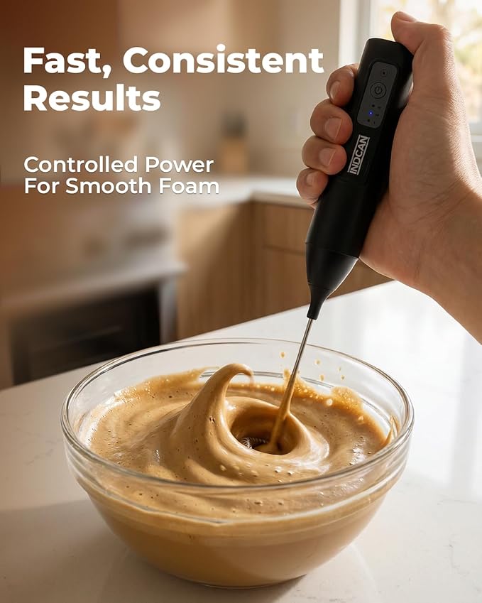 INDCAN Rechargeable Milk Frother Handheld, Electric Coffee Frother Wand with Stainless Steel Stand, 3-Speed Foam Maker with 2 Whisks, USB-C Drink Mixer for Latte, Cappuccino, Matcha (Elite, Black)