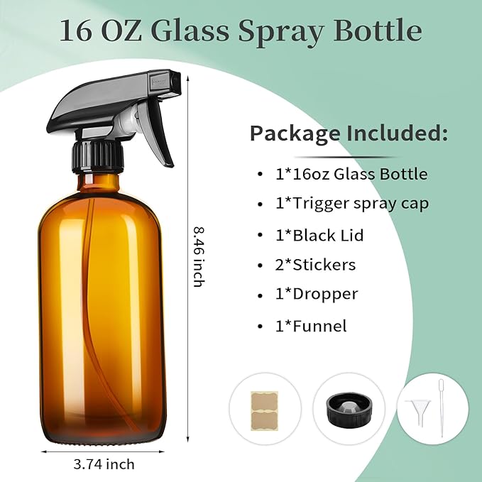 GIVAMEIHF 16oz Amber Glass Spray Bottles,1 Pack Glass Spray Bottles Refillable Empty Bottle with Adjustable Nozzle,Spray Bottle for Essential Oils,Cleaning,Pets,Hair Mister