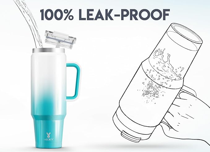 Meoky 40 oz Tumbler with Handle and Straw, Insulated Tumbler with Lid and Straw, Stainless Steel Travel Mug, Keeps Cold for 34 Hours, 100% Leak Proof, Fits in Car Cup Holder (Azure)