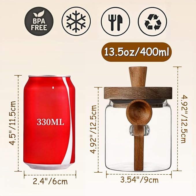 ANSQU Glass Jar with Wooden Lid & Spoon, 13.5oz Food Storage Containers Coffee Jar Coffee Grounds Container, Sugar Canister (1pack)