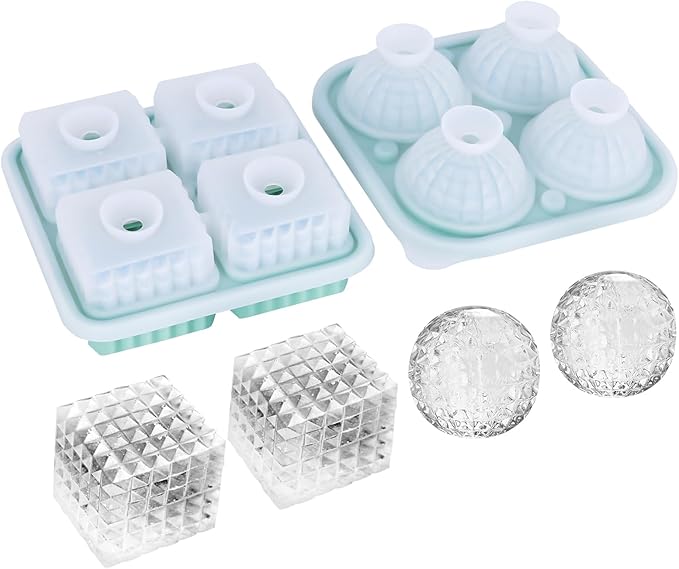 Silicone Diamond Ice Cube & Crystal Ice Ball Mold Set (2-Pack) for Whiskey - 2 Separate Trays for Bourbon and Cocktails, Reusable & Leak-Proof