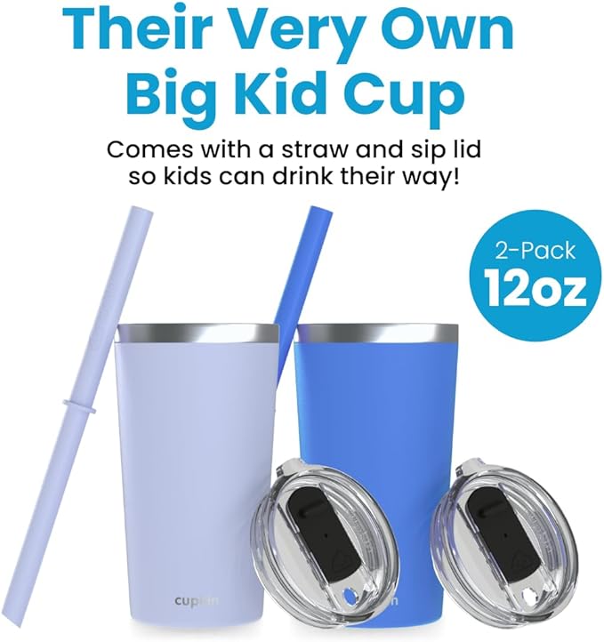 CUPKIN Toddler Tumblers, The Original 12 oz Stackable Stainless Steel Cups, Set of 2 Powder Coated Insulated Kids Water Bottle Alternative & BPA Free Lids + Reusable Silicone Straws (Blue + Gray)
