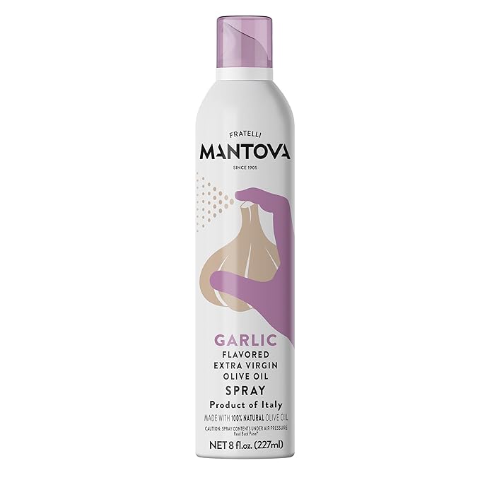 Mantova Extra Virgin Olive Oil Spray Garlic Flavored 8 oz. Spray Bottle - Manage Oil Amount - Great For Salads & Cooking