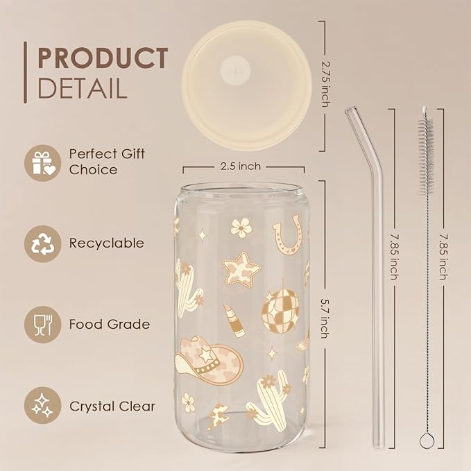 SANDJEST Western Cowgirl 16oz Can Glass Tumbler with Acrylic Lid & Straw, Iced Coffee Cup for Women, Aesthetic Cups Gifts for Birthday Christmas
