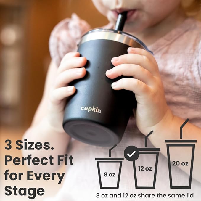CUPKIN Toddler Tumblers, The Original 12 oz Stackable Stainless Steel Cups, Set of 2 Powder Coated Insulated Kids Water Bottle Alternative & BPA Free Lids + Reusable Silicone Straws (Pink + Purple)