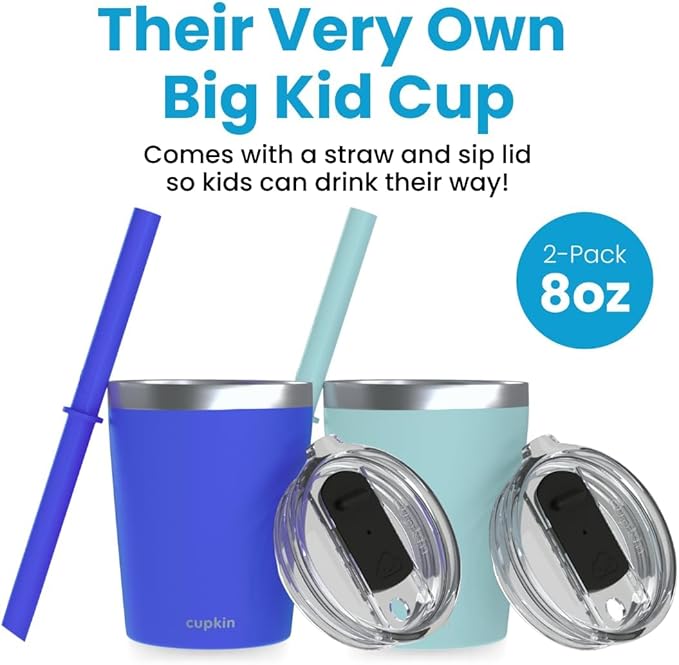 CUPKIN Sippy Cup for 1 Year Old, The Original Stackable 8 oz Stainless Steel Tumbler, Set of 2 Powder Coated Insulated Straw Cup + BPA Free Lids + Food Grade Reusable Silicone Straws (Cobalt + Mint)
