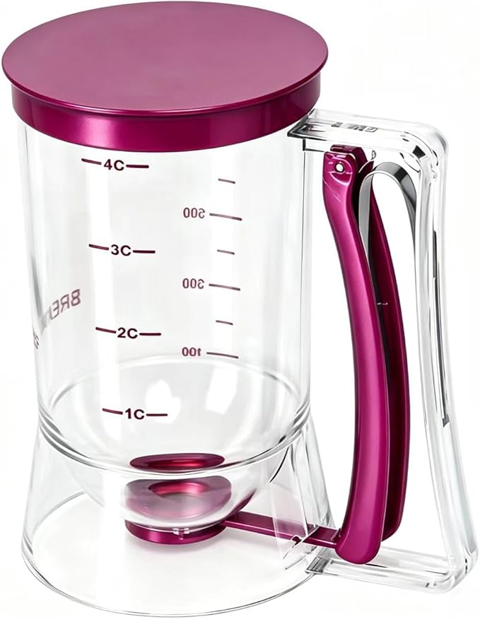 BBSTARZ Pancake Batter Dispenser – 4-Cup Batter Dispenser with Squeeze Handle & Measuring Marks for Pancakes, Waffles, Muffins, Crepes & Cupcakes – Baking Tool (purple)