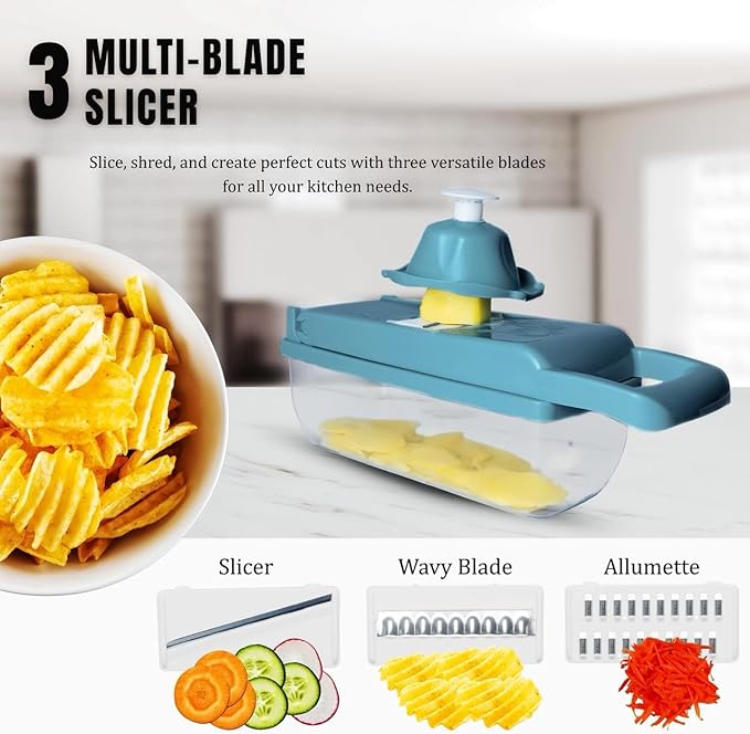Kalmat Dynamics Food Chopper and Vegetable Slicer, 16-in-1 Multi-Function Kitchen Chopper with 7 Blades and Container, Free Black Cooking Apron (Blue+white)