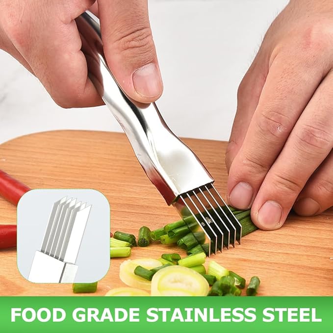 2pcs Onion Knife,Stainless Steel Scallion Cutter Shredder Manual Green Onion Slicer Tool with 2pcs Brushes Multifunctional Home Kitchen Slicing Tool Gadgets