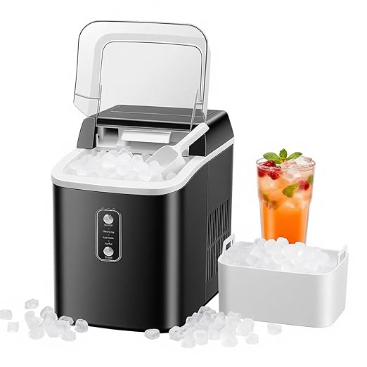 NEWBULIG Nugget Ice Makers Countertop, Portable Nugget Ice Machine, Ready in 6 Mins, 24lbs in 24Hrs, Auto-Cleaning, with Basket and Scoop, for Home, Kitchen, RV, Camping, Black