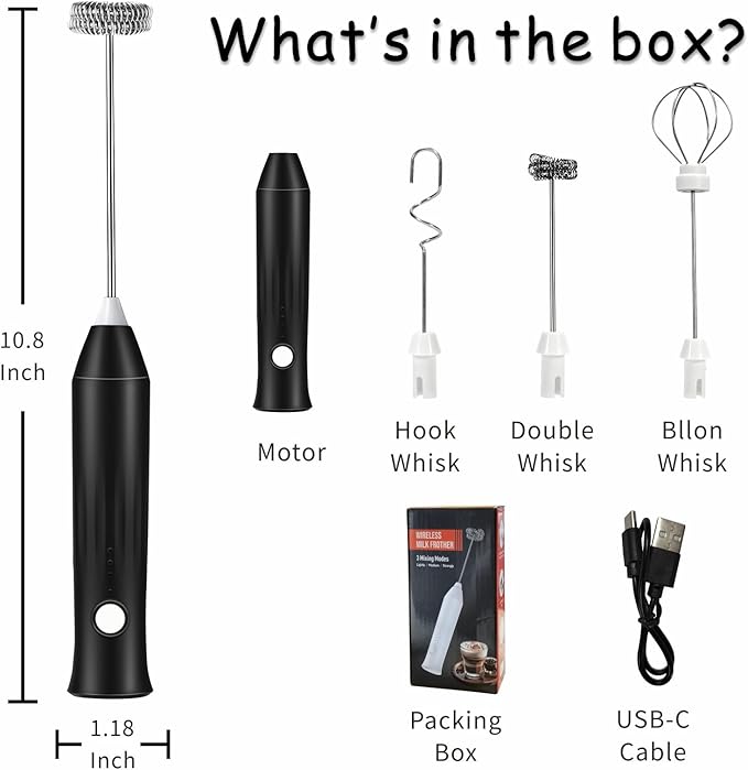 Milk Frother Handheld Rechargeable USB C, 3-in-1 Coffee Frother Wand Drink Mixer Electric Whisk Stirrer with 3 Detachable Stainless Steel Heads, 3 Speed Powder Mixer Foam Maker for Mom's Gift, Black