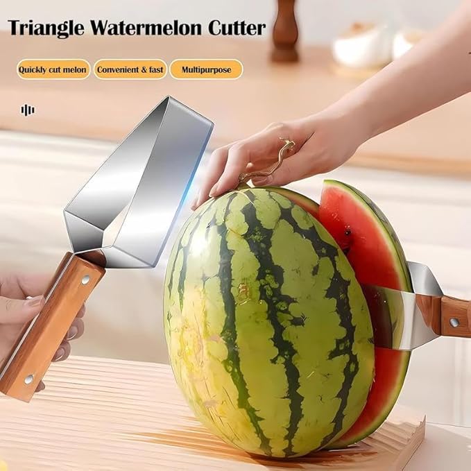 1 PCS Triangle Watermelon Cutter, Stainless Steel with Wooden Handle - Melon Slicer, Fruit Cutter for Kitchen Gadgets.