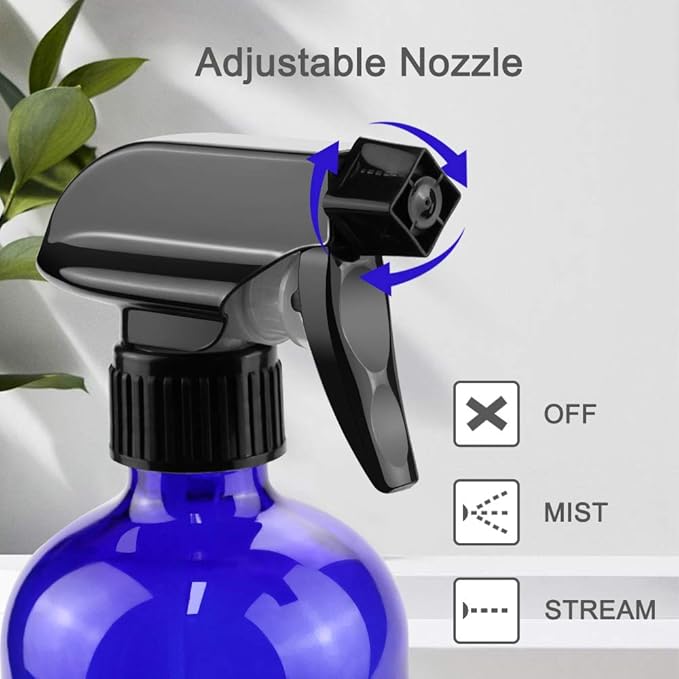 Worldgsb Glass Spray Bottles, 16oz Refillable Containers, Empty Boston Round Bottles with Labels & Adjustable Nozzle for Cleaning, Gardening, Aromatherapy, Pets, Plant, Hair -Blue (2 Pack)