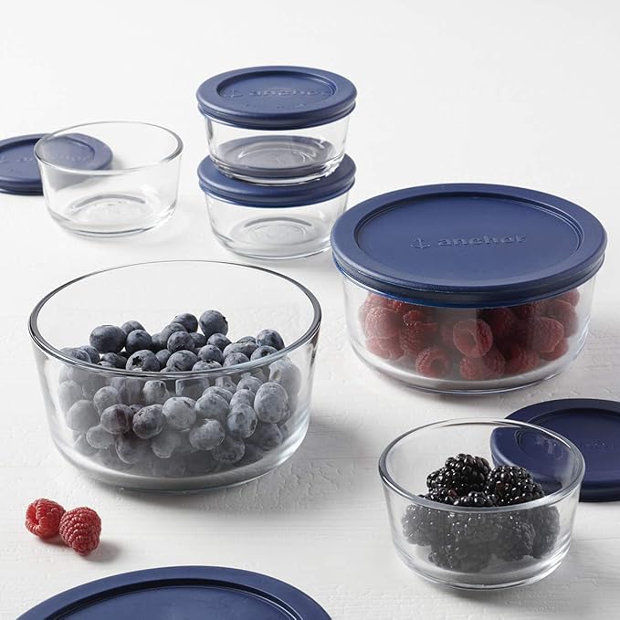 Anchor Hocking 12 Piece Glass Storage Containers with Lids (6 Glass Food Storage Containers & 6 Navy Blue SnugFit Lids) (Pack of 2)