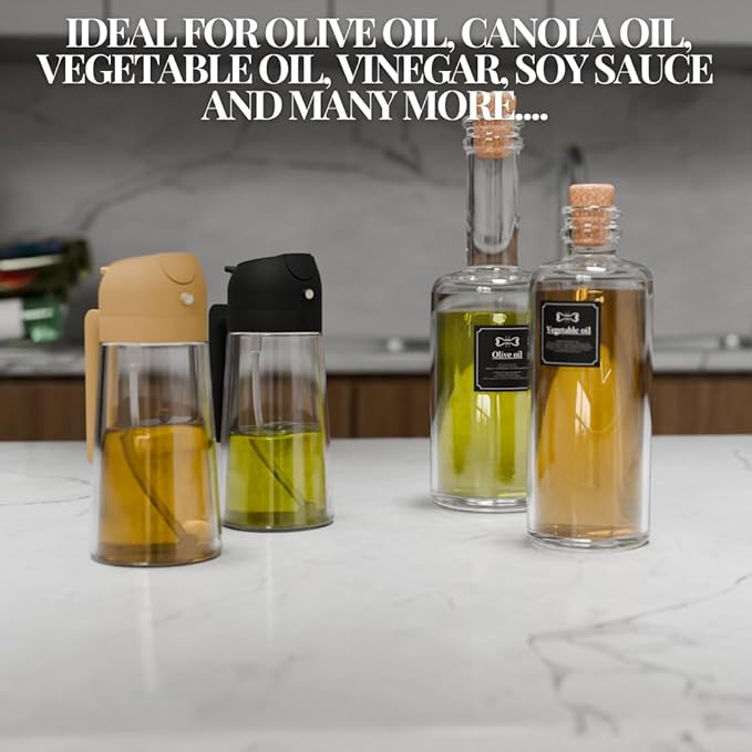 2-in-1 Oil Dispenser and Sprayer, 16oz/470ml Glass Olive Oil Sprayer for Cooking, Leakproof and Refillable Oil Mister for BBQ, Salad, and Baking (Orange)