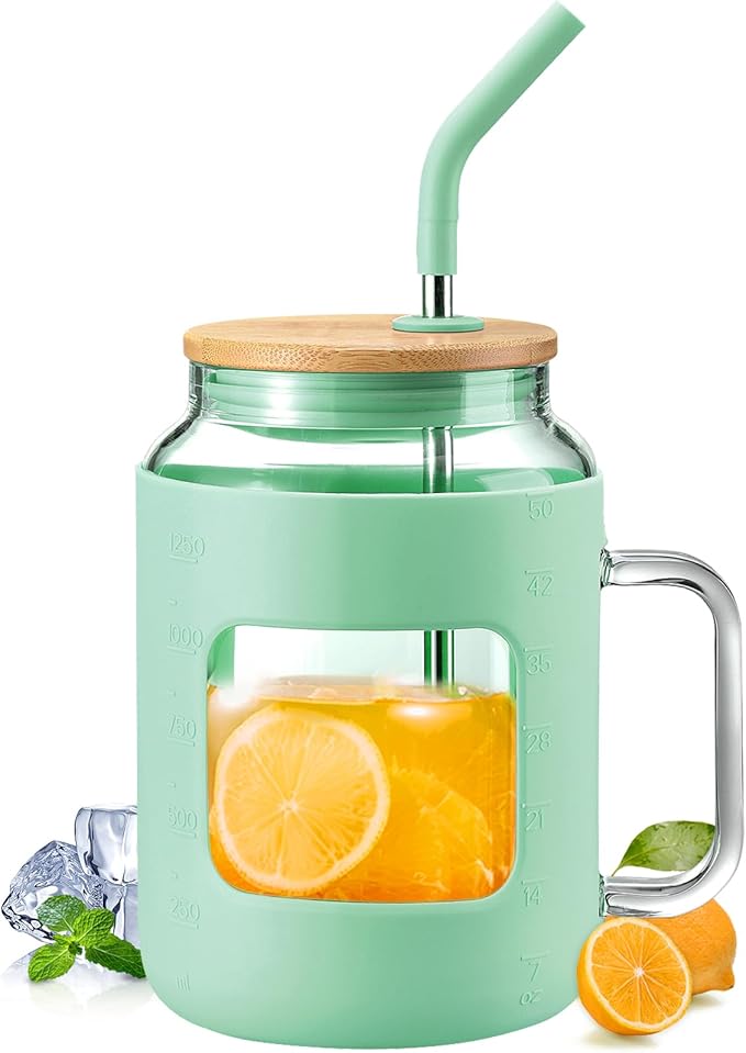 WINSA 50 oz Glass Water Bottles with Silicone Sleeve,Glass Tumbler with Lid and Straw,Iced Coffee Cup with Handle,BPA Free-Green