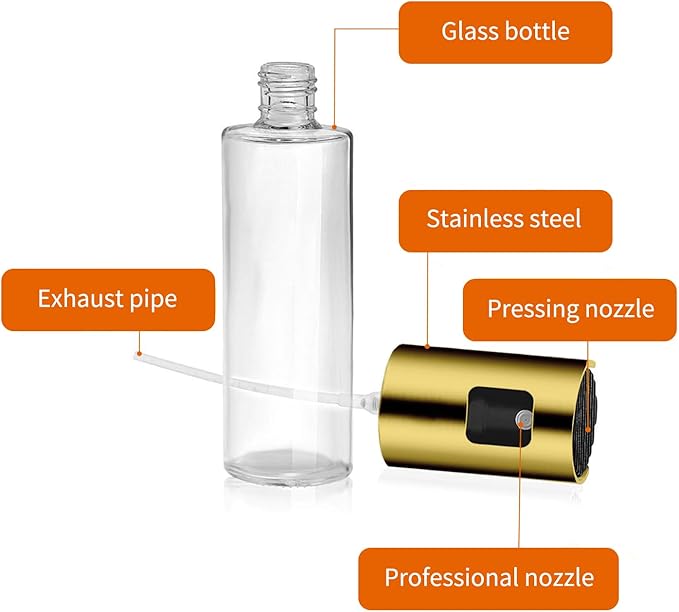 Glass Oil Sprayer Bottle for Cooking, Refillable Fine Mist Sprayer for Air Fryer, BBQ, Salad Spray, Leak Proof Kitchen Oil Dispenser with Dishwasher Safe Design (Gold)