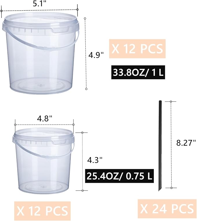 24 Pack Ice Cream Bucket with Lids and Handles, 25OZ/ 33OZ Clear Plastic Rum Bucket Cocktail Drinks Containers, Plastic Food Storage Pail Tub for Summer Cold Drink Beach Parties