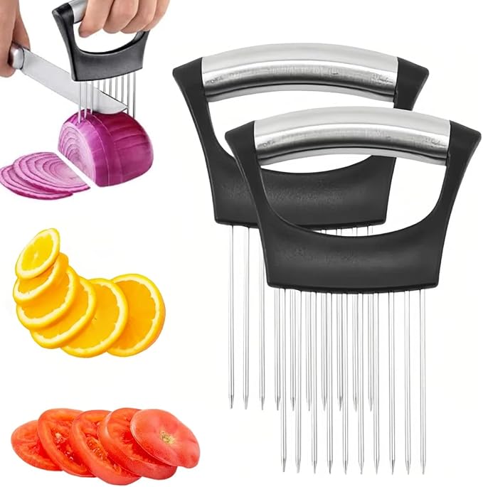 Onion Holder for Slicing, Stainless Steel Onion Slice Holder Lemon Slicer Vegetable Cutter, Multifunctional Chopper Assistant Kitchen Slicer Tool for Fruit, Meat, Tomato, Onion Slicing (2 Pack)