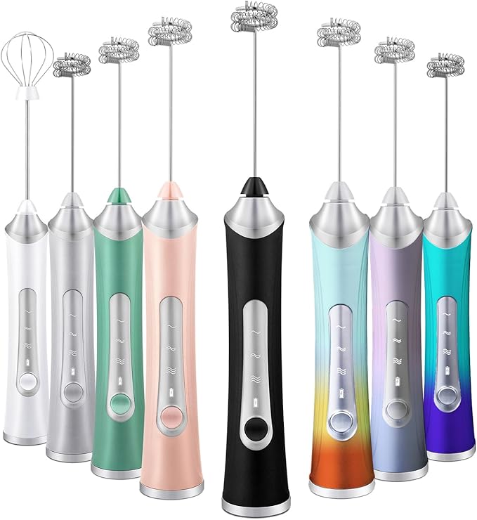 Rechargeable Milk Frother Handheld For Coffee,3 Speeds Frother Wand With Stand, Batidora De Mano Electrica,Coffee Frother With 2 Heads,Drink Mixer Electric Handheld,Kitchen Essentials (Silvery)