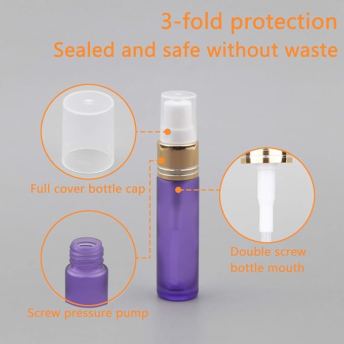 Ellbest 10ml Small Spray Bottles Empty Mist Spray Glass Bottle Mini Perfume Vilas Atomizer Travel Glass Containers for Cosmetics Sample, Cleaning (10 Matte Purple Bottles &5 Droppers &10 Funnels)