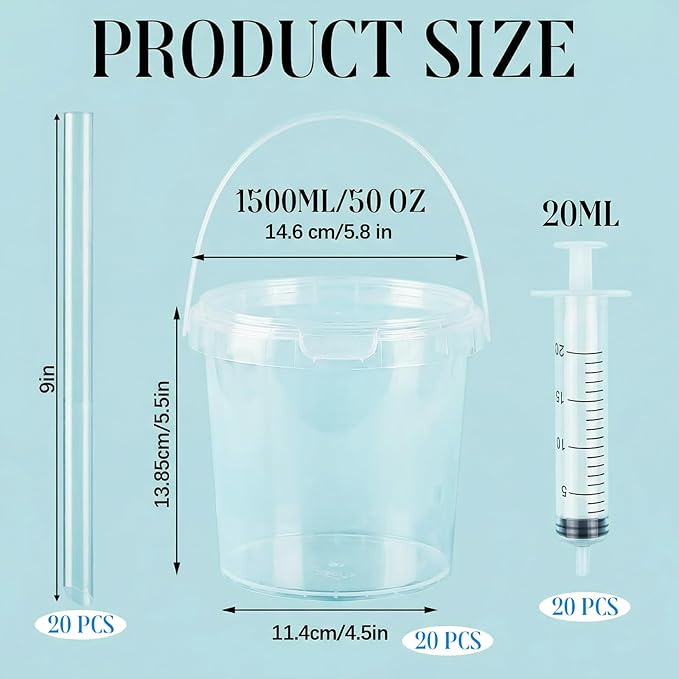 Willinglong 20 Set 50oz Clear Plastic Drink Buckets Rum Buckets for Drink with Straws, Lids and Beverage Syringes Reusable Iced Coffee Cups for Rum Wine Beer Cocktail Beverage Lemonades