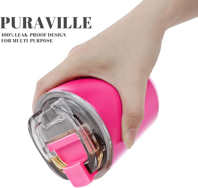 Puraville Insulated Tumblers with Lid, 10 oz Travel Coffee Mug Stainless Steel Vacuum Cup, Leak Proof Reusable Double Walled Coffee Tumbler for Iced and Hot Drinks, Fuchsia