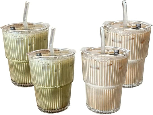 TINMIX 13.5OZ Small Glass Cups with Lids and Straws Mason Jar Low Drinking Glasses Ripple Glassware Iced Coffee Tumbler Smoothie Cup for Beer, Cocktail (4)