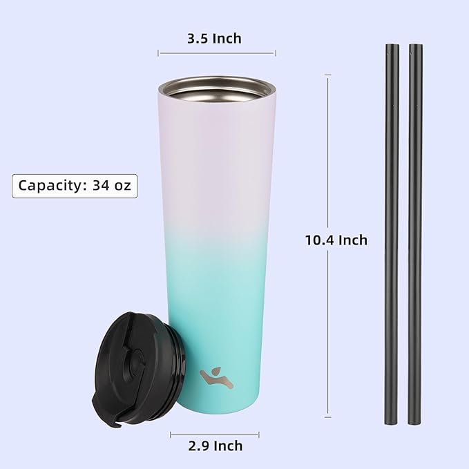 Konokyo 34 OZ Insulated Tumbler with Lid and 2 Straws Stainless Steel Water Bottle Vacuum Travel Mug Coffee Cup,Lavender Green