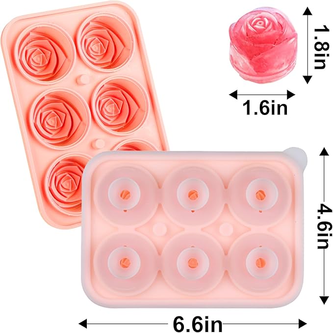 2 Pack 3D Rose Ice Cube Mold, Ice Cube Trays for Freezer with Lid, 6 Grid Silicone Easy Release Ice Trays, Rose Cute Ice Mold for Valentine's Day Gif, Date Drinks, Coffee, Whiskey, Cocktail (Pink)