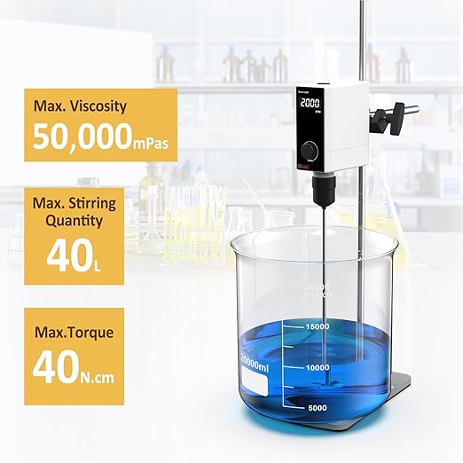 4E's USA Lab Overhead Stirrer - 40 Liter, 50000mPas, 50~2000 RPM Variable Speed with Stand and Stirring Rod, LED Lab Stirrer Mixer with Safety Sensors and Go-Through Design for Easy Rod Adjustment