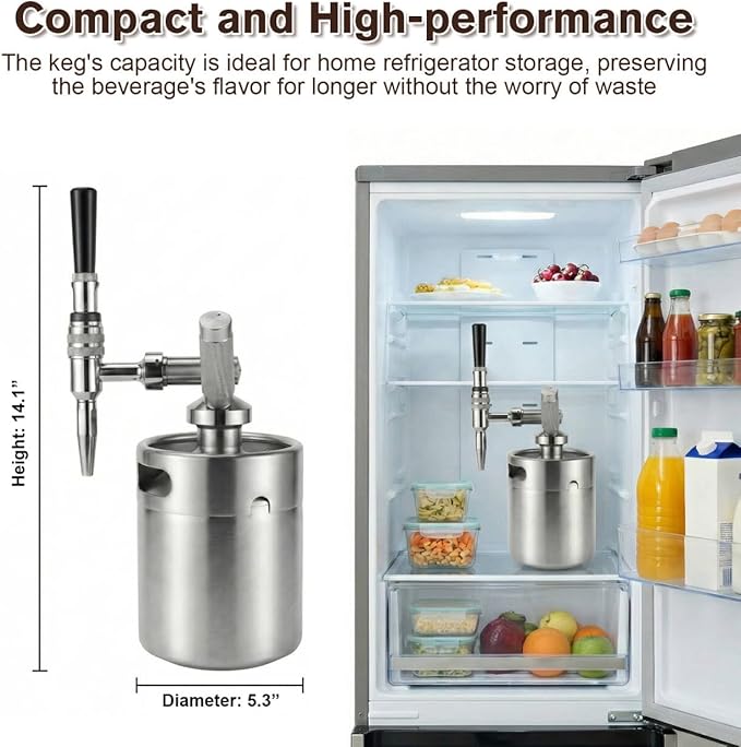 Nitro Cold Brew Coffee Maker, 64oz SS Mini Keg Cold Brew Maker, Nitro Coffee Machine System with Pressure Relief Valve & Stout Creamer Faucet Nitro Keg Coffee Growler for Homebrewing