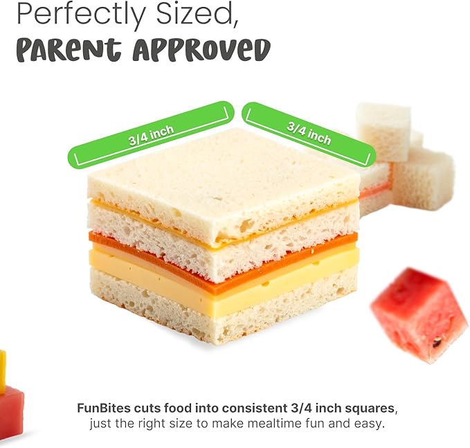 FUNBITES Crustless Sandwich Cutter for Kids Lunch (2-piece set), Uncrustable Sandwich Cutter, Bite-Size Food Cutter for Toddlers, Bento Box Accessories, BPA-FREE Dishwasher Safe, Green Squares 1pk