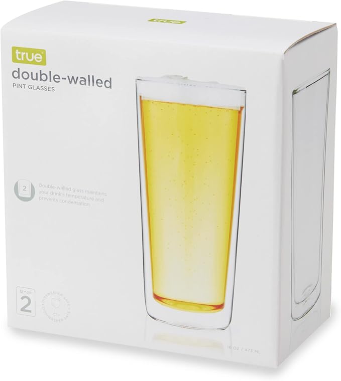 True Double Walled Beer Glasses, Pint Glasses for Beers, Water, Iced Coffee, Cocktails, Game Night, Beer Gifts for Men, BBQ Outdoor Party, Home Bar Accessories, Kitchen Glassware, 16 oz, Set of 2
