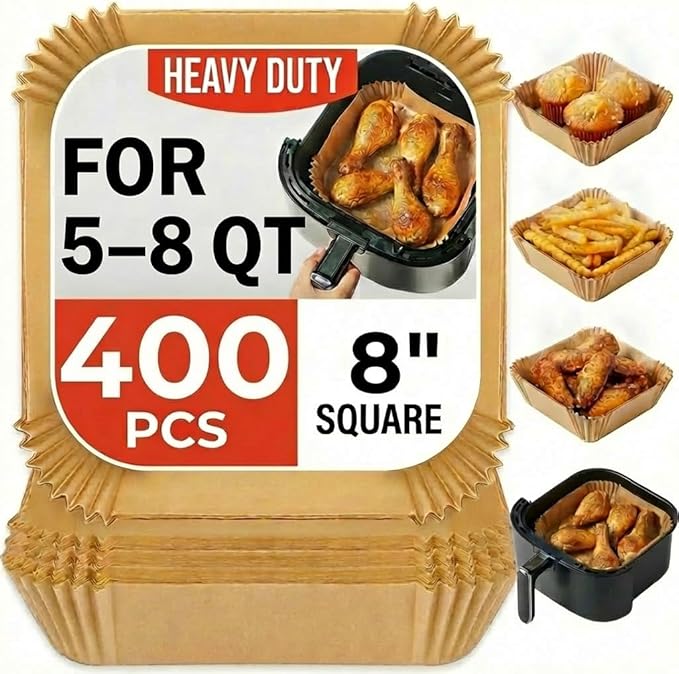 Air Fryer Liners Disposable, 8 Inch Square Parchment Paper for Air Fryer with Reusable Safety Ring, 400 Pcs Non-Stick Air Fryer Accessories
