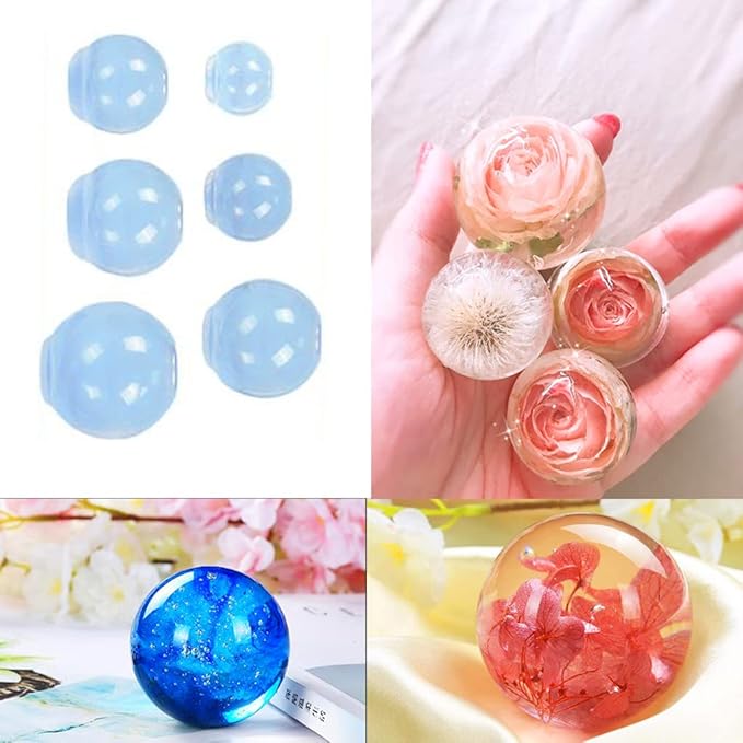 FineInno 5 PCS Sphere Resin Molds 0.9",1.3 ",1.7 ",2",2.5" 3D Seamless Round Ball Orbs Silicone Mold Casting Molds for Epoxy Resin Jewelry, Soap, Candle