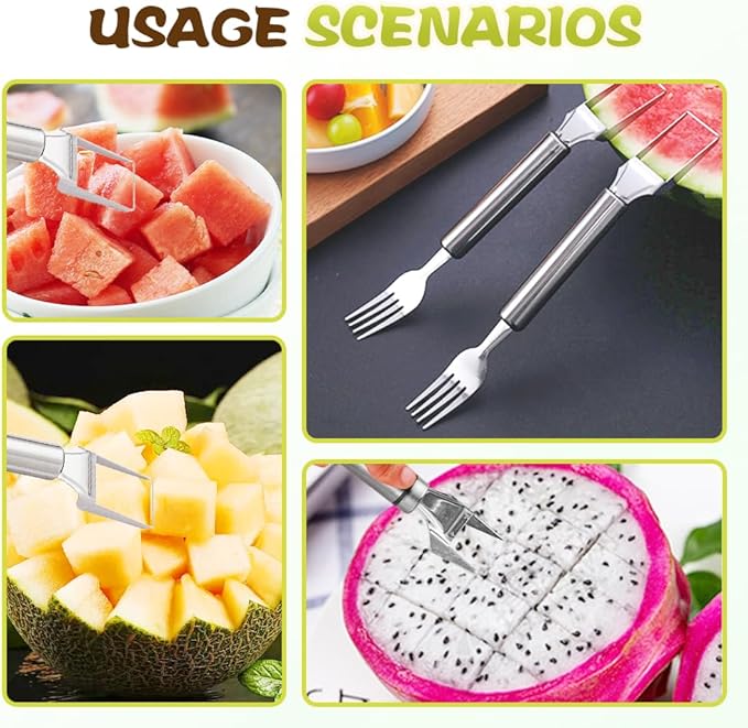 2-in-1 Stainless Steel Watermelon Cutter, Fruit Slicer and Fork Tool, Dual Head Watermelon Cube Cutter with Round Handle for Easy Serving, Kitchen Fruit Cutting Tool (2pcs)
