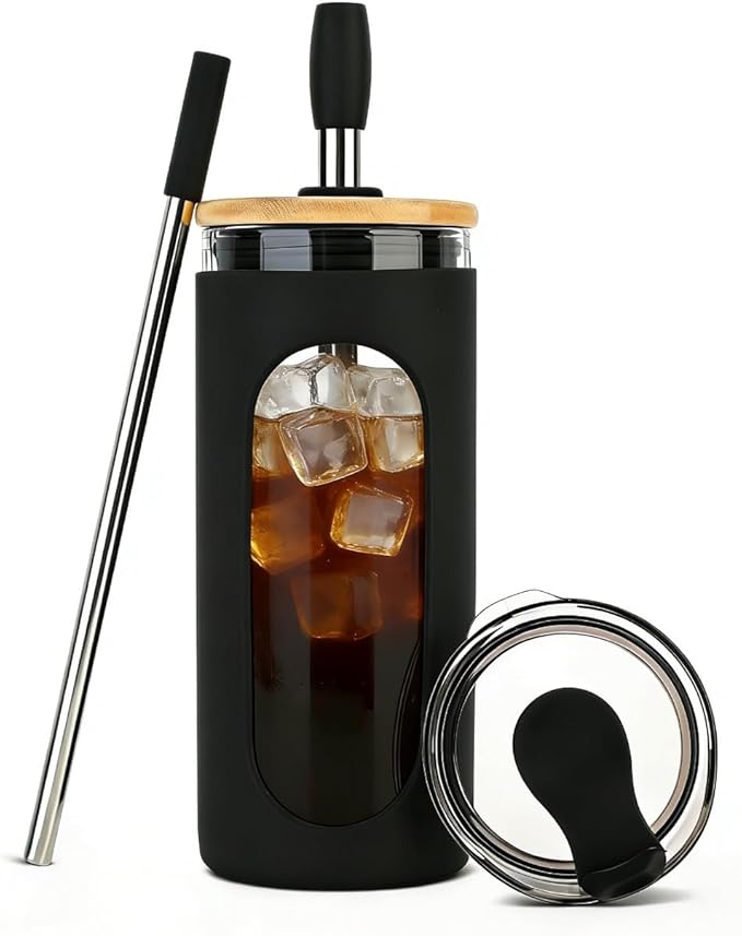 Sursip 20 oz Glass Tumbler with Lids and Straws, Reusable Borosilicate Glass Iced Coffee Cup with Bamboo Lid for Smoothie Boba Juice,Travel BPA-Free - Black