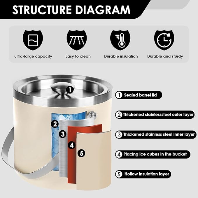3L Beige-White Double Wall Insulated Stainless Steel Ice Bucket with Scoop for Cocktail Bar,Metal Ice Bucket for Freezer with Lid for Parties.ice Container to Keep Ice Colder,bar cart Accessories