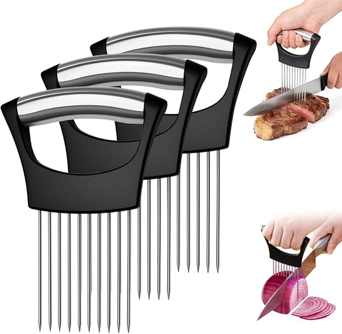 Stainless Steel Onion Holder for Slicing, Onion Slicer and Cutter, Kitchen Utensil for Onions, Tomatoes, Avocados, Eggs, Meat and Vegetables (3Pcs)
