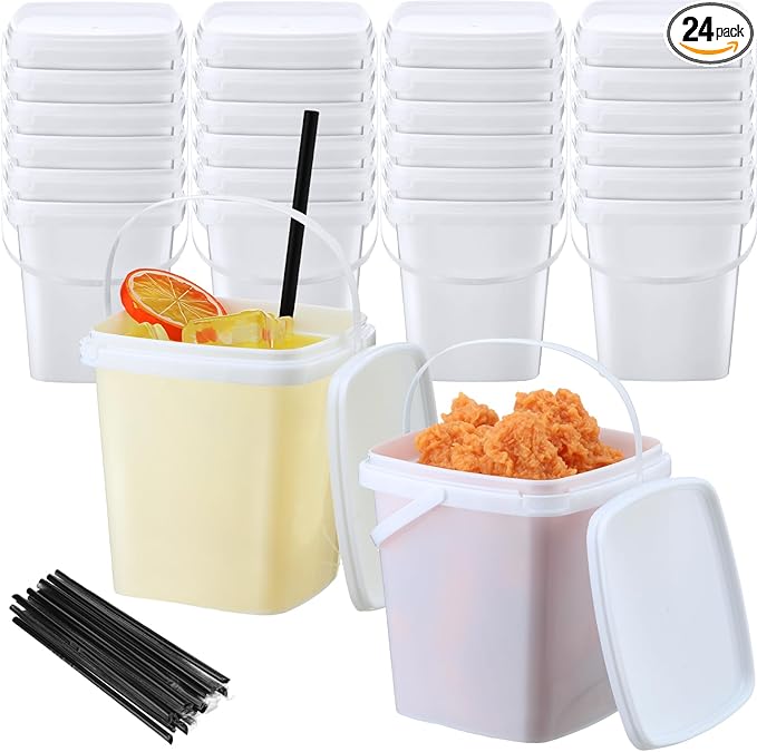 SiliFine 24 Pcs 33.8 oz Rum Buckets with Lids and Straws for Drinks, 24 Cocktails Plastic Square Reusable Ice Cream Buckets 20 Black Straws for Summer Birthday Party Snacks Drinks