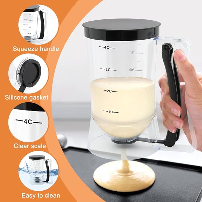Pancake Batter Dispenser with Squeeze Handle, Cupcake Batter Dispenser with Oil Brush & Scraper for Precise Portion Control, Baking Tool for Pancakes Cupcake, Waffle, Muffin Mix