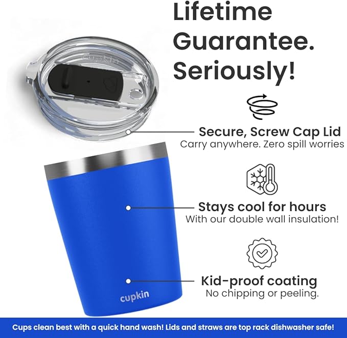 CUPKIN Sippy Cup for 1 Year Old, The Original Stackable 8 oz Stainless Steel Tumbler, Set of 2 Powder Coated Insulated Straw Cup + BPA Free Lids + Food Grade Reusable Silicone Straws (Cobalt + Mint)