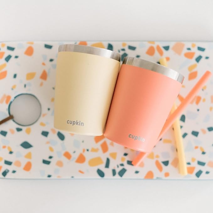 CUPKIN Eco Kids Tumbler Cup, The Original 8 oz Stackable Stainless Steel Metal Straw Cups, Set of 2 Powder Coated Insulated Cup with Straw + BPA Free Lids + Reusable Silicone Straws (Coral + Yellow)